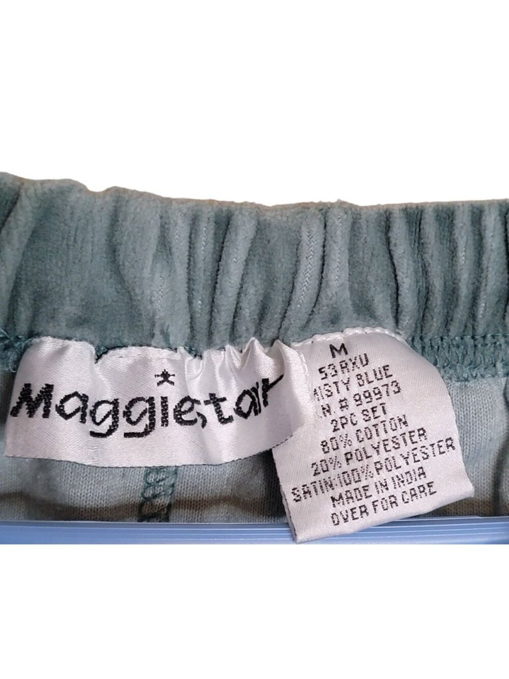 Vintage Maggie Starr Velour Pajama Set Medium Blue Satin Leaf Trim Loungewear - Picture 10 of 15